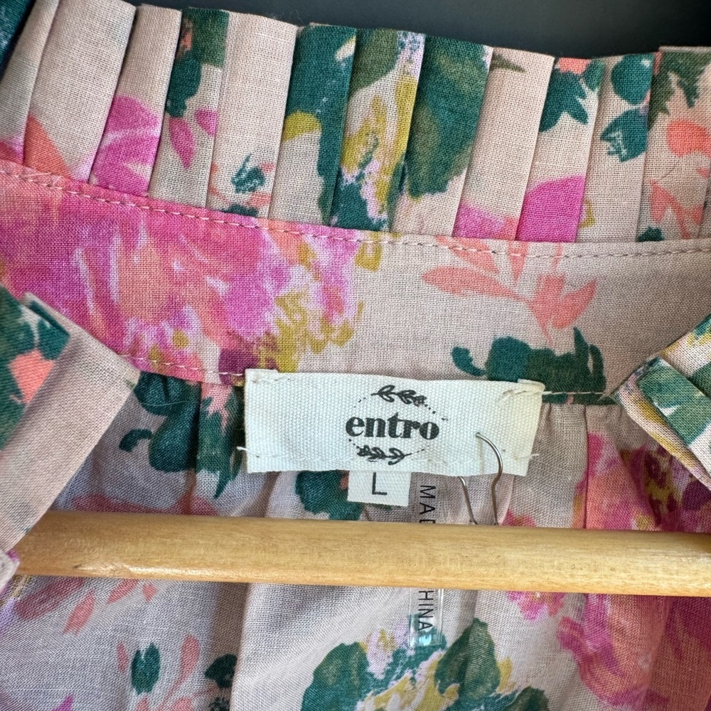 Entro Floral Ruffle Sleeve Blouse Pink Green Boho Cottage Core Teacher Spring - Picture 3 of 9